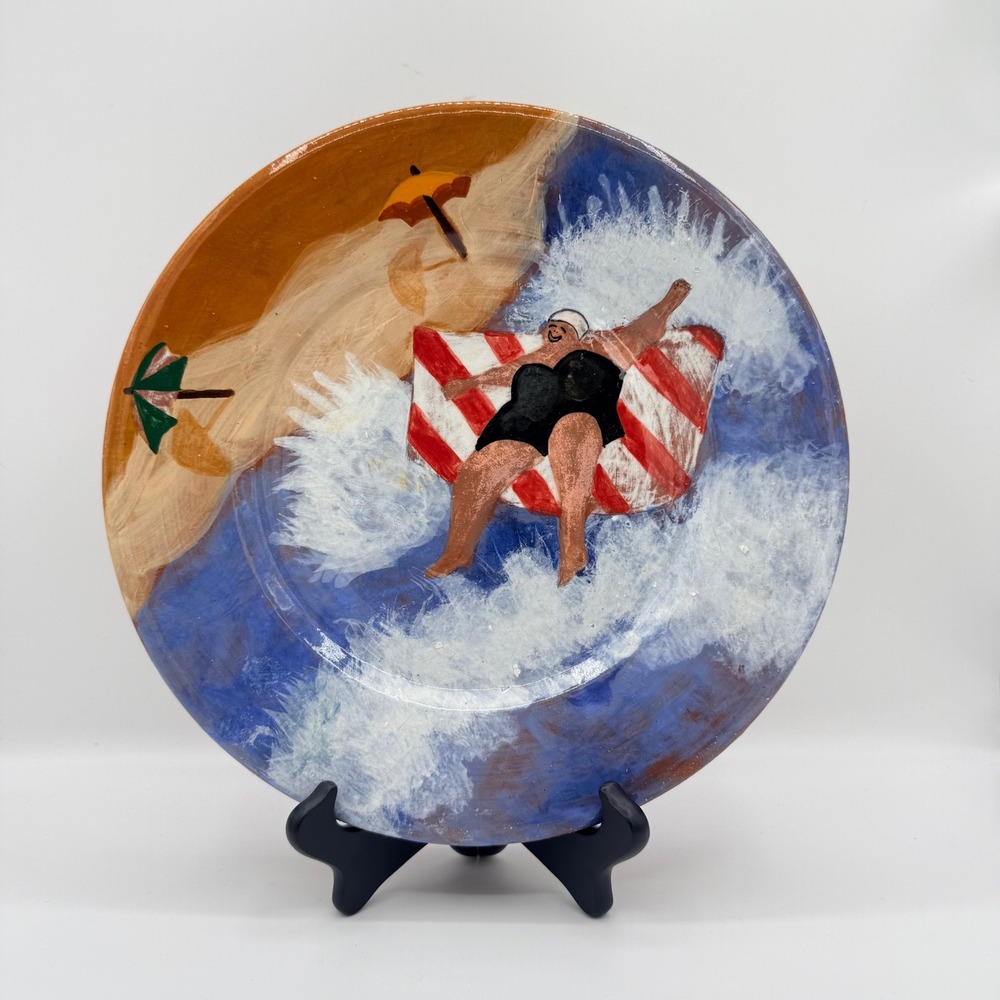 Colleen Gall 1999 Saddlecreek Studio Pottery Beach Swimmer Plate Signed 11.5"